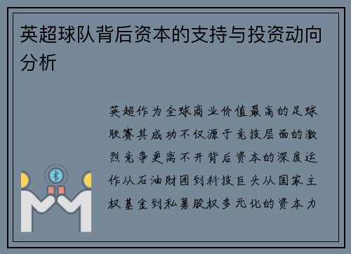 英超球队背后资本的支持与投资动向分析