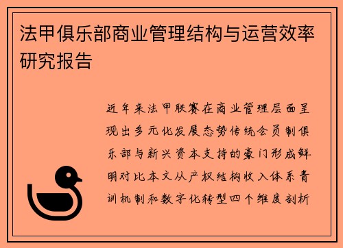 法甲俱乐部商业管理结构与运营效率研究报告